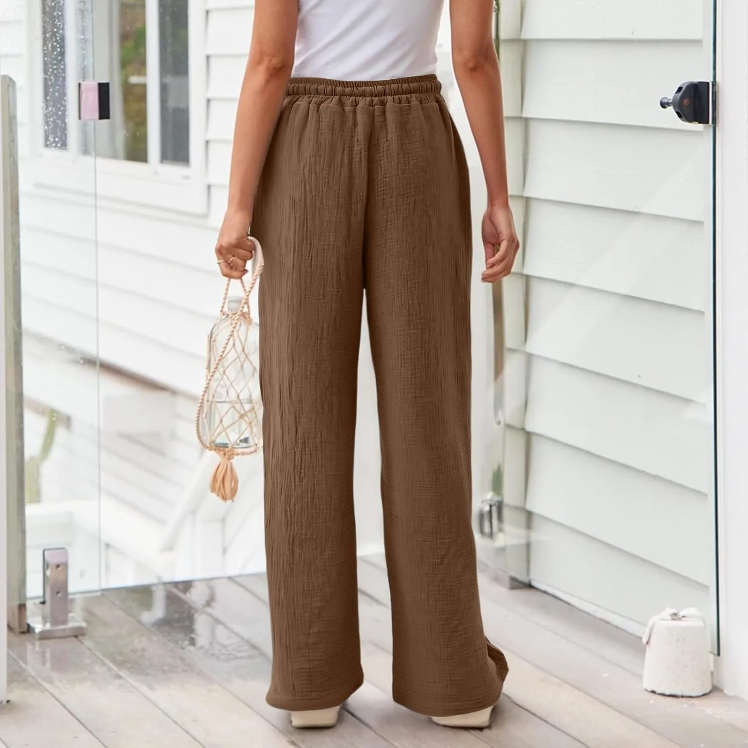 eoeioa Summer Linen Pants Women Baggy Elastic High Waisted Wide Leg Pants Comfy Flowy Beach Trousers with Pockets
