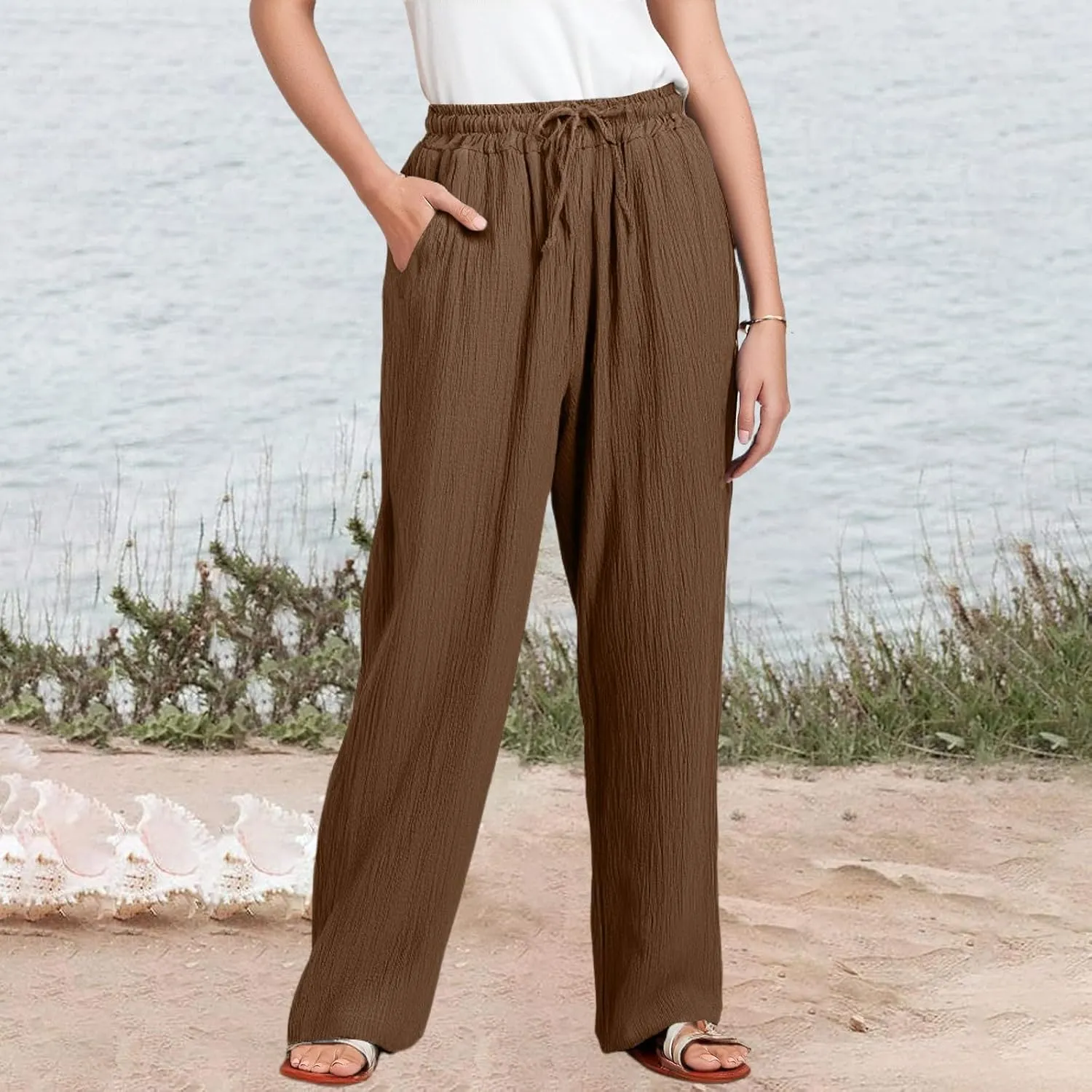 eoeioa Summer Linen Pants Women Baggy Elastic High Waisted Wide Leg Pants Comfy Flowy Beach Trousers with Pockets