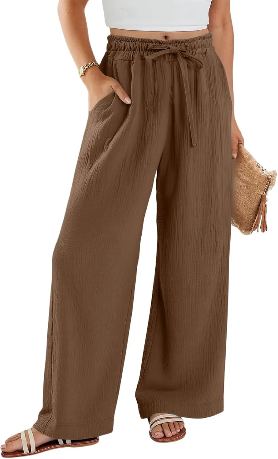 eoeioa Summer Linen Pants Women Baggy Elastic High Waisted Wide Leg Pants Comfy Flowy Beach Trousers with Pockets