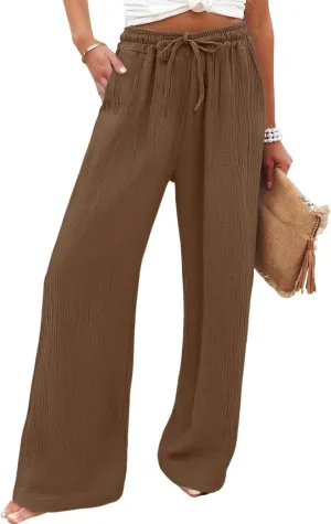 eoeioa Summer Linen Pants Women Baggy Elastic High Waisted Wide Leg Pants Comfy Flowy Beach Trousers with Pockets