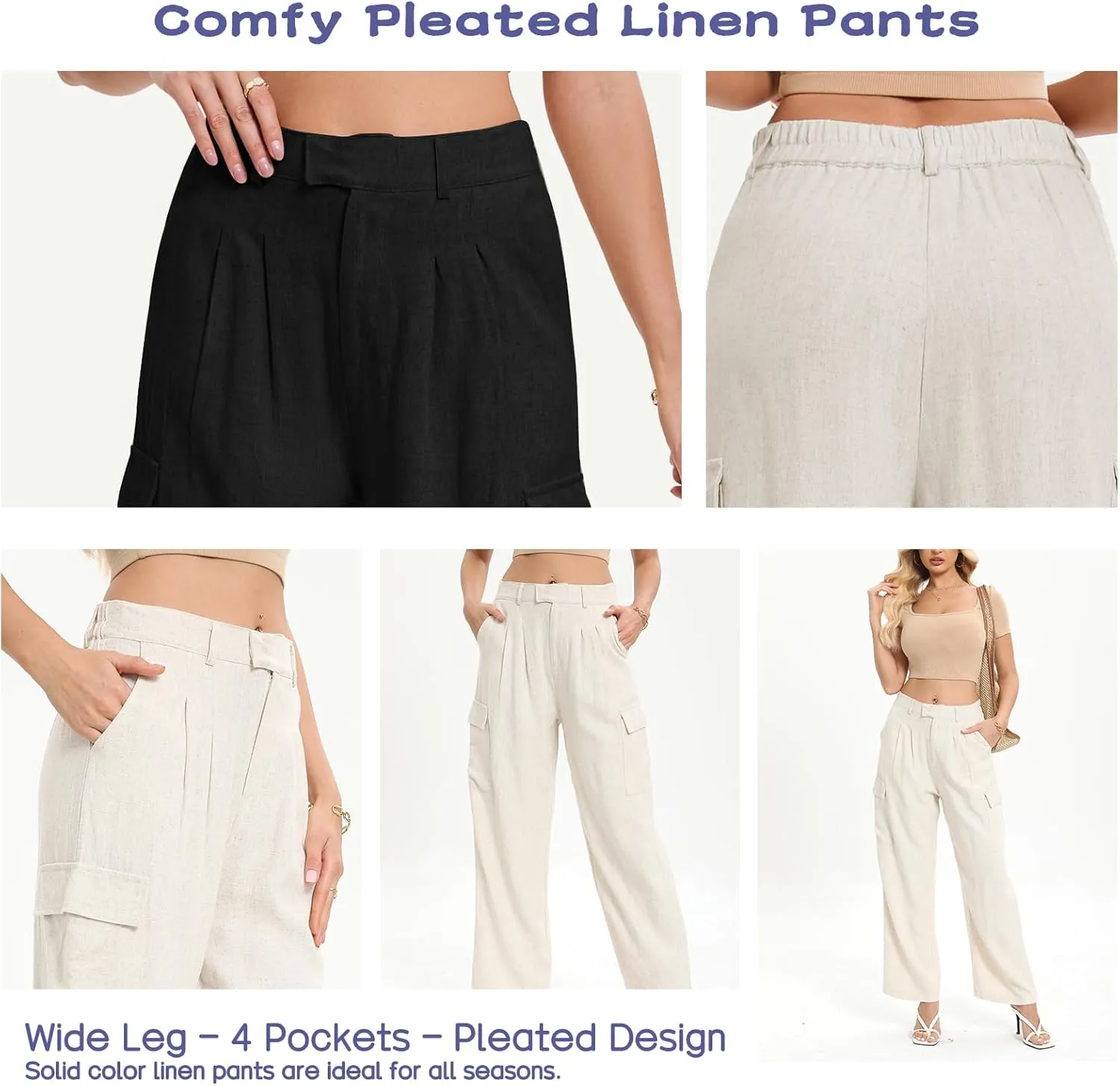 Famulily Comfy Pleated Linen Pants for Women Casual High Waisted Wide Leg Cargo Pants with Pockets