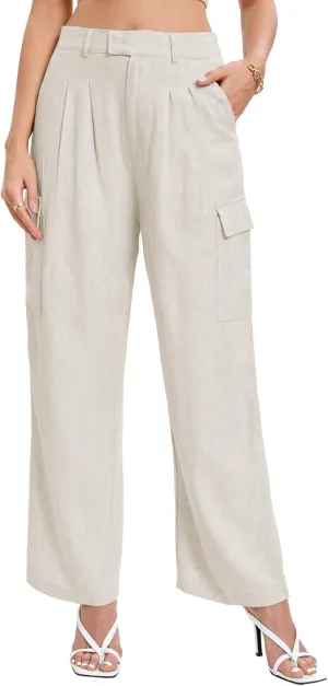 Famulily Comfy Pleated Linen Pants for Women Casual High Waisted Wide Leg Cargo Pants with Pockets
