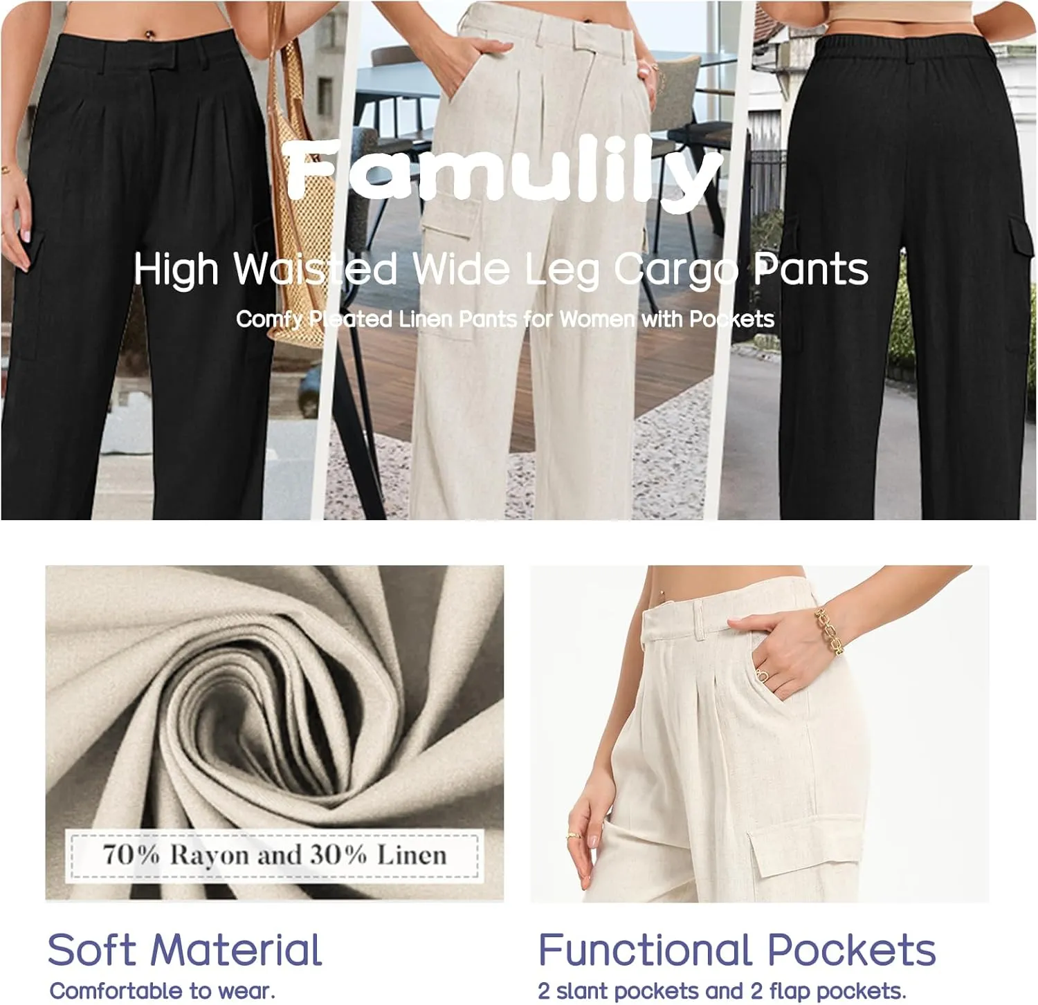 Famulily Comfy Pleated Linen Pants for Women Casual High Waisted Wide Leg Cargo Pants with Pockets