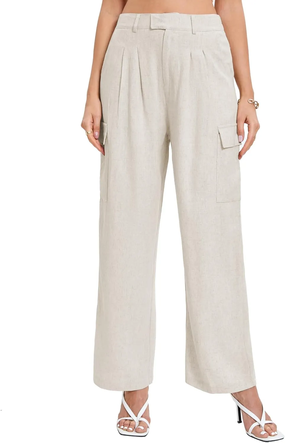 Famulily Comfy Pleated Linen Pants for Women Casual High Waisted Wide Leg Cargo Pants with Pockets