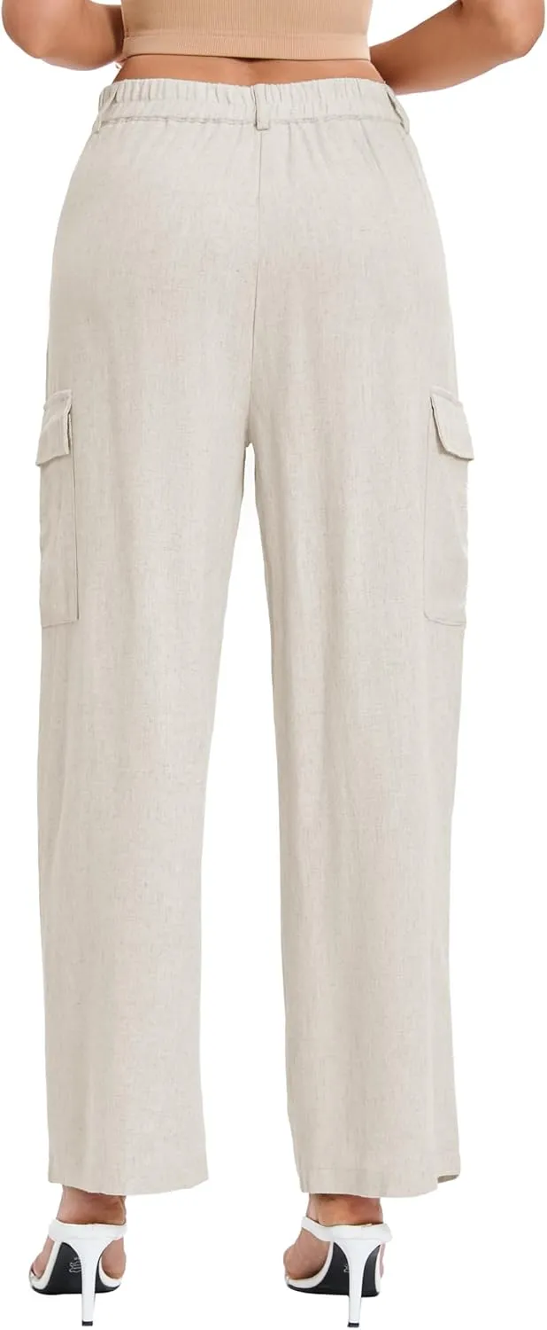 Famulily Comfy Pleated Linen Pants for Women Casual High Waisted Wide Leg Cargo Pants with Pockets