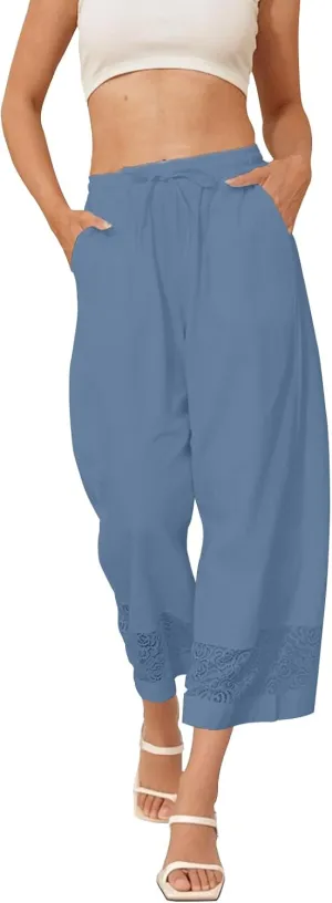 Fancysters Womens Linen Capri Pants Wide Leg High Waisted Palazzo Flowy Casual Loose Beach Summer Pants with Pockets