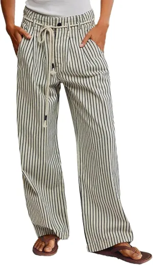 Flamingals Straight Leg Jeans for Women Trendy Mid Rise Striped Drawstring Pleated Casual Pants