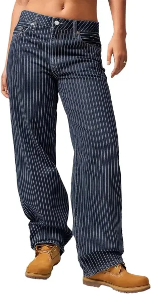 Flamingals Women's Wide Leg Jeans Striped Print Stitch Detail Mid Waist Casual Dress Pants