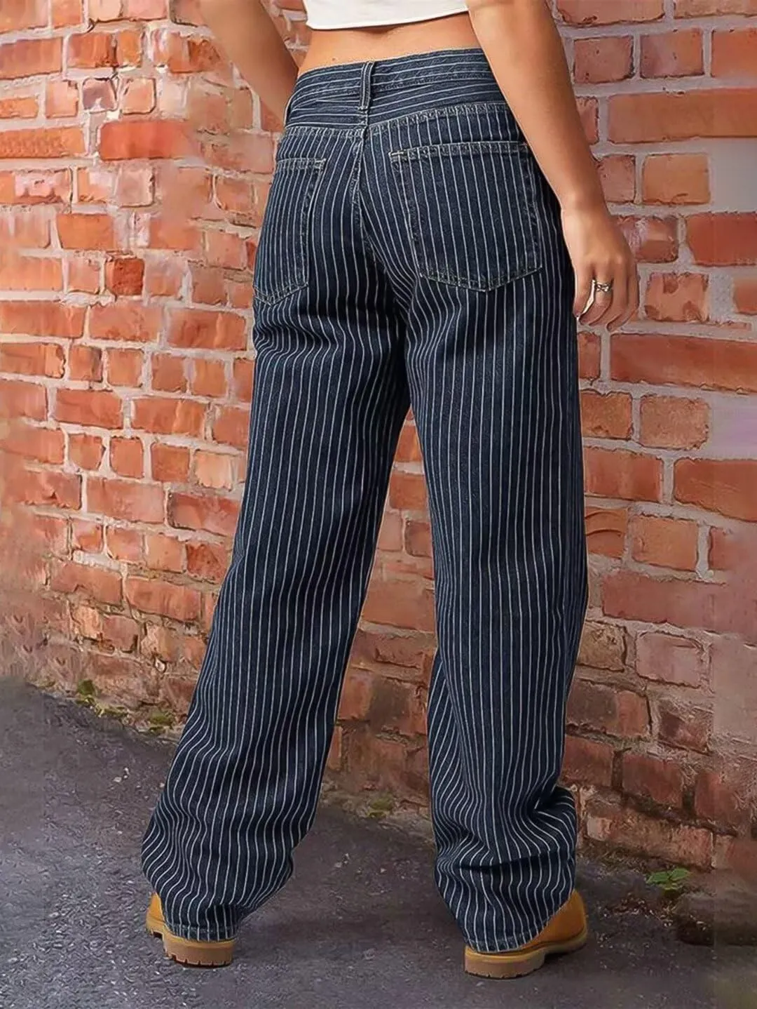 Flamingals Women's Wide Leg Jeans Striped Print Stitch Detail Mid Waist Casual Dress Pants
