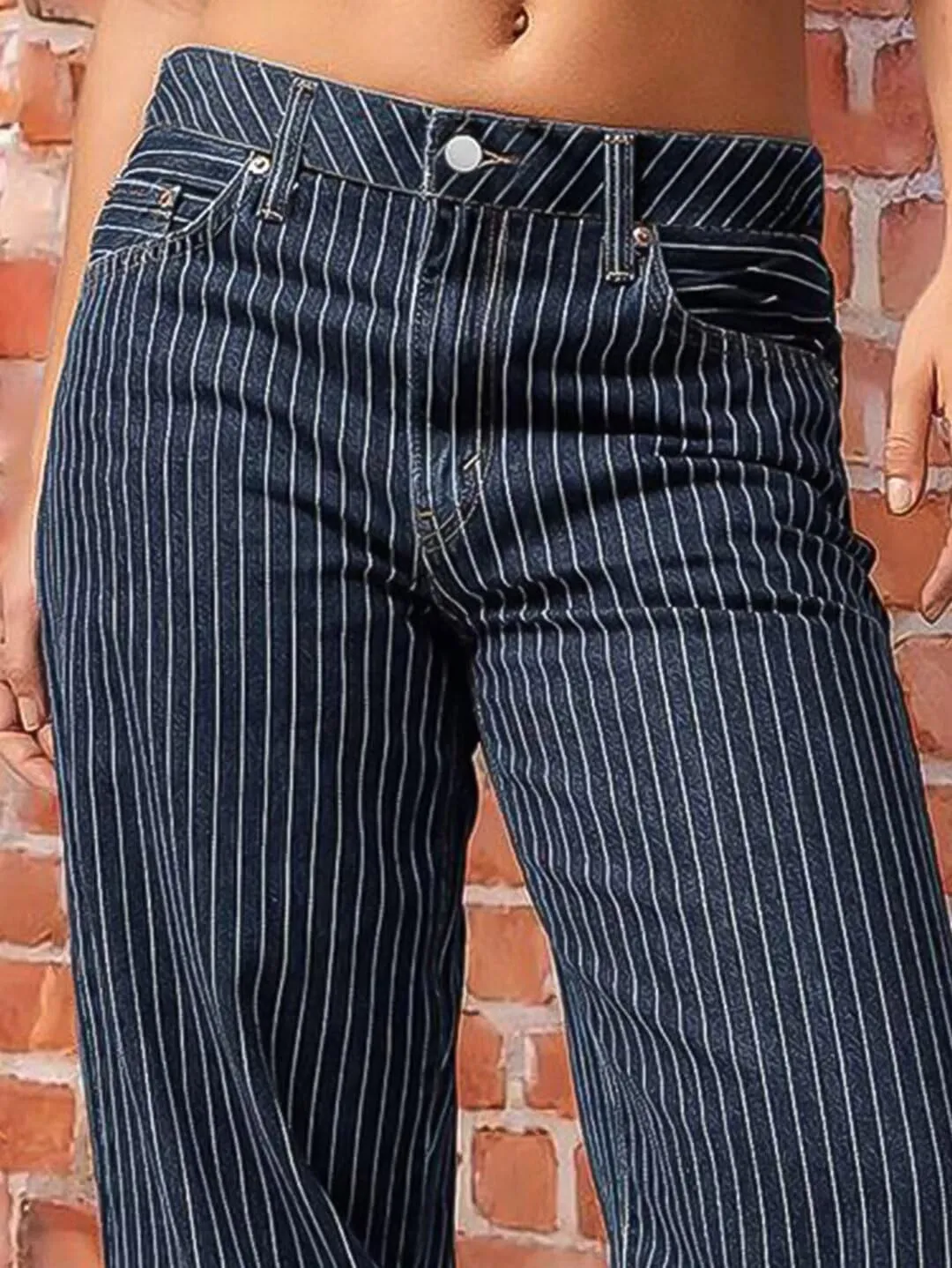 Flamingals Women's Wide Leg Jeans Striped Print Stitch Detail Mid Waist Casual Dress Pants