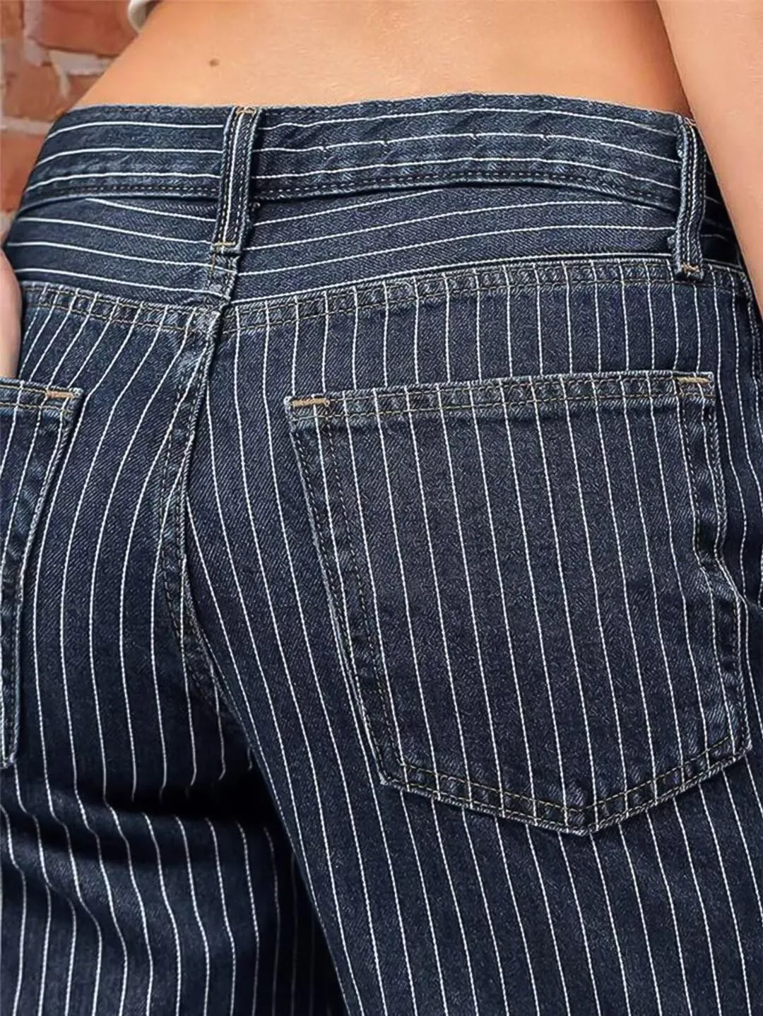 Flamingals Women's Wide Leg Jeans Striped Print Stitch Detail Mid Waist Casual Dress Pants