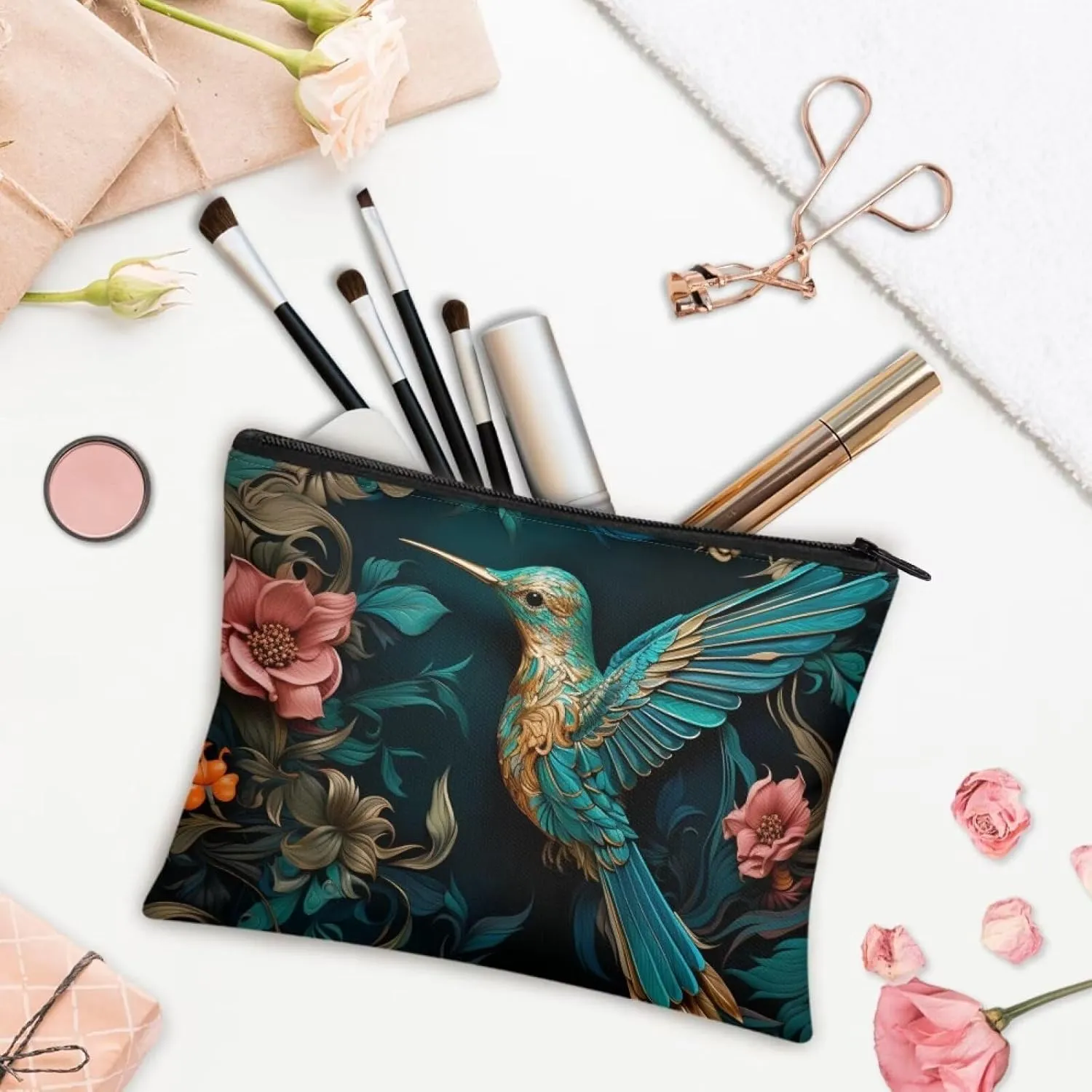 Flashideas Hummingbird Print Makeup Pouch for Purse Portable Versatile Travel Makeup Bag Organizer Cosmetic Zipper Pouch Purse Easy to Take Portable Toiletry Bag