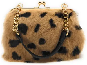 Fosrion Elegant Leopard Print Rex Rabbit Fur Handbag with Interchangeable Straps for Women, Versatile Clutch and Shoulder Bag