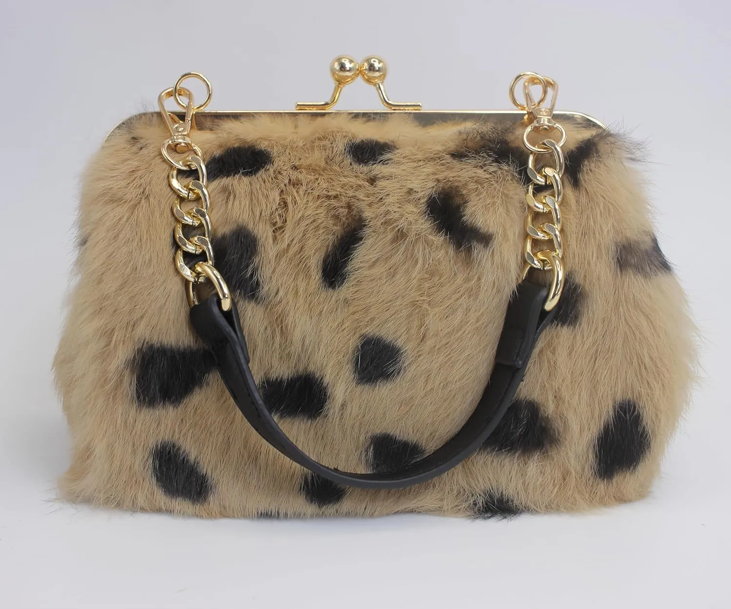 Fosrion Elegant Leopard Print Rex Rabbit Fur Handbag with Interchangeable Straps for Women, Versatile Clutch and Shoulder Bag