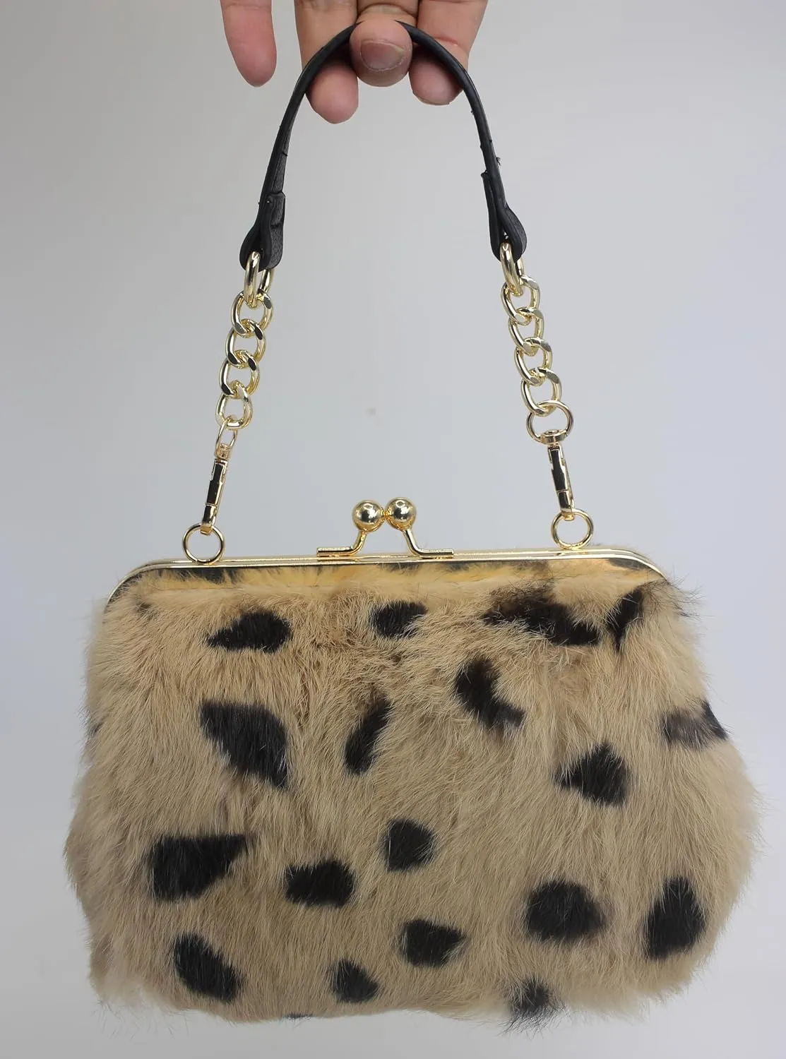 Fosrion Elegant Leopard Print Rex Rabbit Fur Handbag with Interchangeable Straps for Women, Versatile Clutch and Shoulder Bag