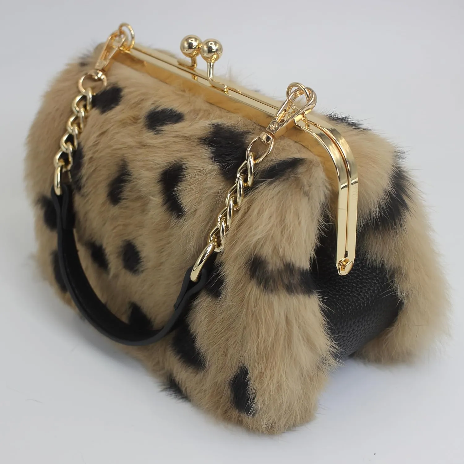 Fosrion Elegant Leopard Print Rex Rabbit Fur Handbag with Interchangeable Straps for Women, Versatile Clutch and Shoulder Bag