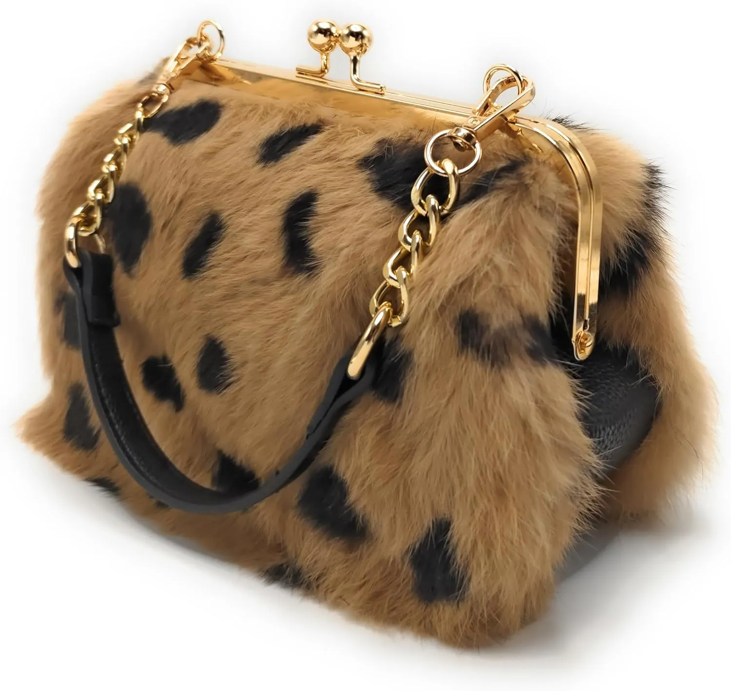 Fosrion Elegant Leopard Print Rex Rabbit Fur Handbag with Interchangeable Straps for Women, Versatile Clutch and Shoulder Bag