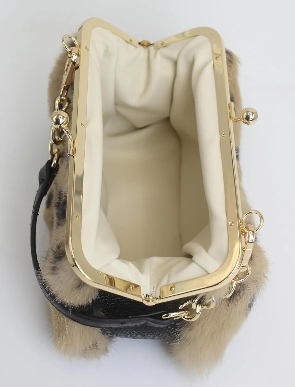 Fosrion Elegant Leopard Print Rex Rabbit Fur Handbag with Interchangeable Straps for Women, Versatile Clutch and Shoulder Bag