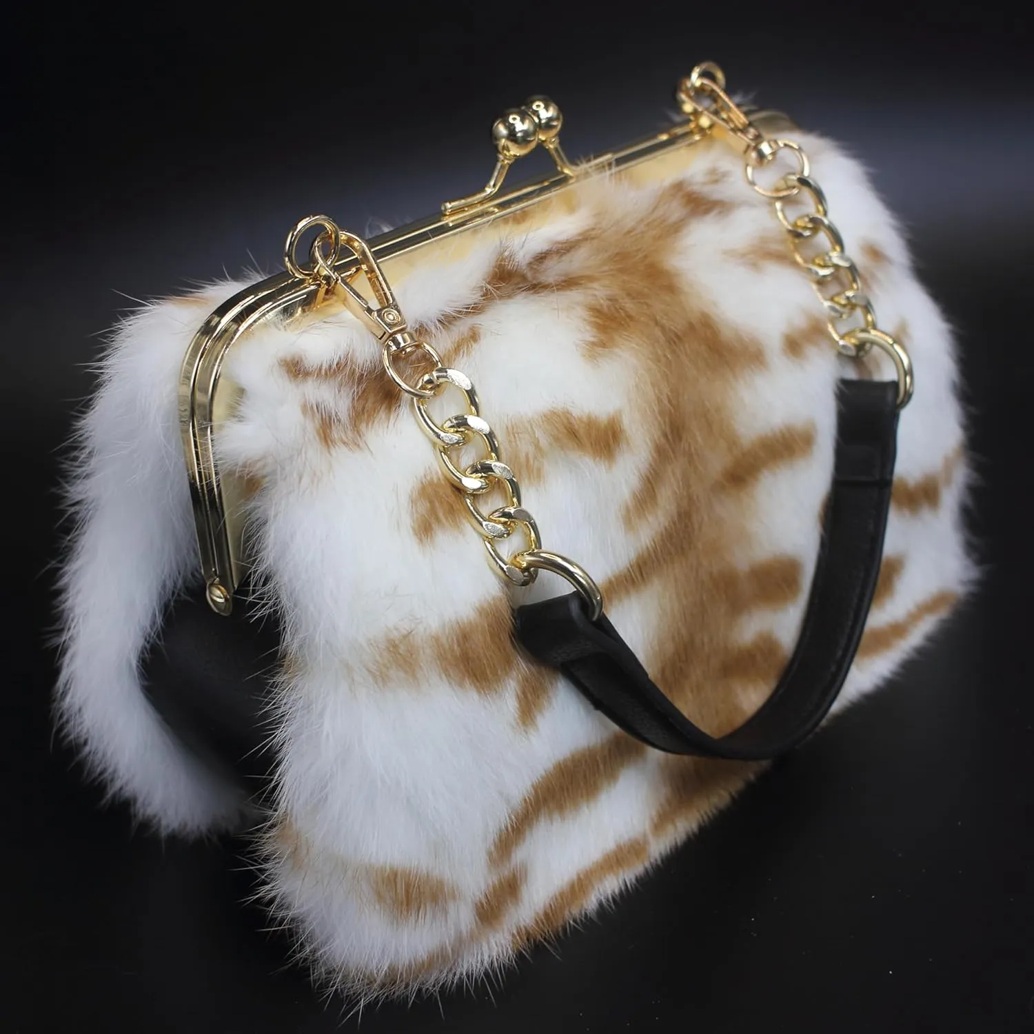Fosrion Elegant Leopard Print Rex Rabbit Fur Handbag with Interchangeable Straps for Women, Versatile Clutch and Shoulder Bag