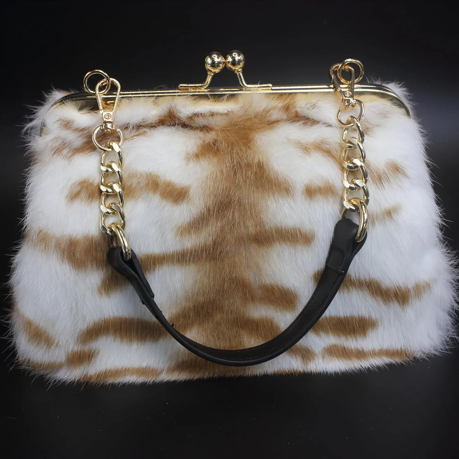 Fosrion Elegant Leopard Print Rex Rabbit Fur Handbag with Interchangeable Straps for Women, Versatile Clutch and Shoulder Bag