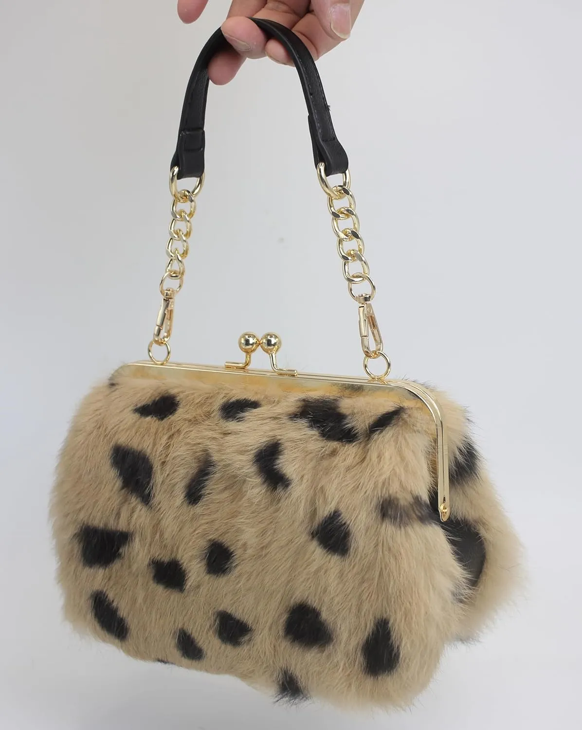 Fosrion Elegant Leopard Print Rex Rabbit Fur Handbag with Interchangeable Straps for Women, Versatile Clutch and Shoulder Bag