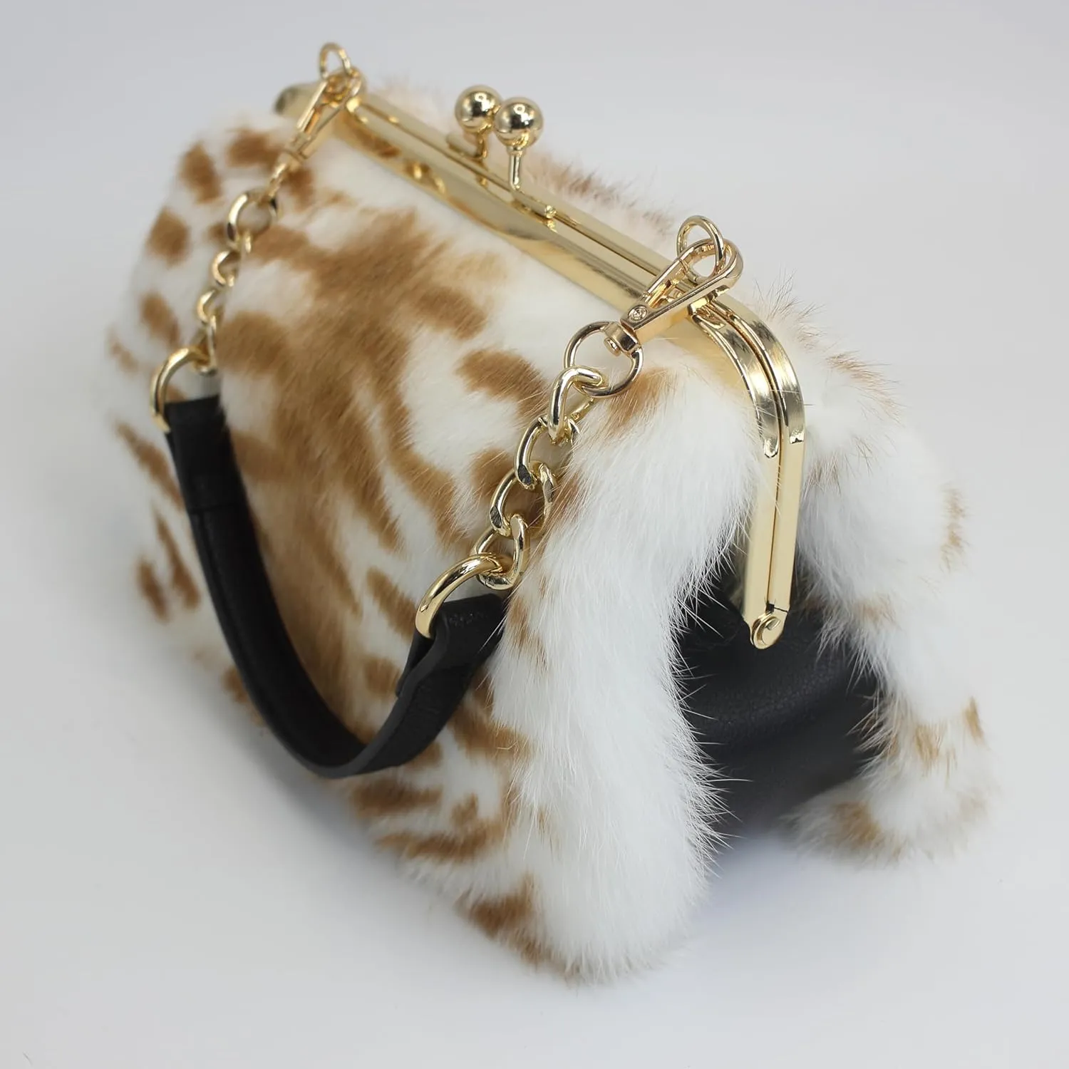 Fosrion Elegant Leopard Print Rex Rabbit Fur Handbag with Interchangeable Straps for Women, Versatile Clutch and Shoulder Bag