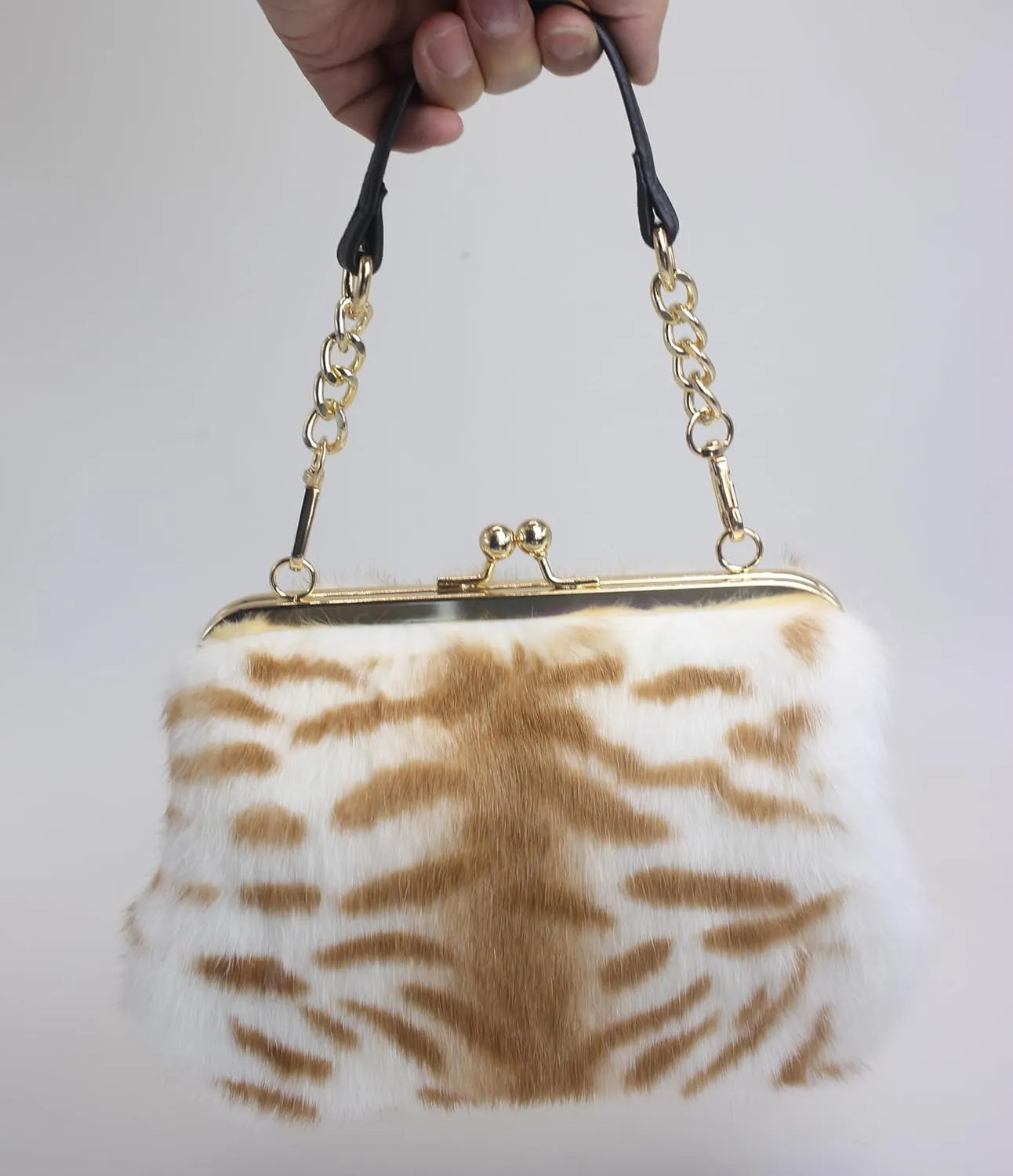 Fosrion Elegant Leopard Print Rex Rabbit Fur Handbag with Interchangeable Straps for Women, Versatile Clutch and Shoulder Bag