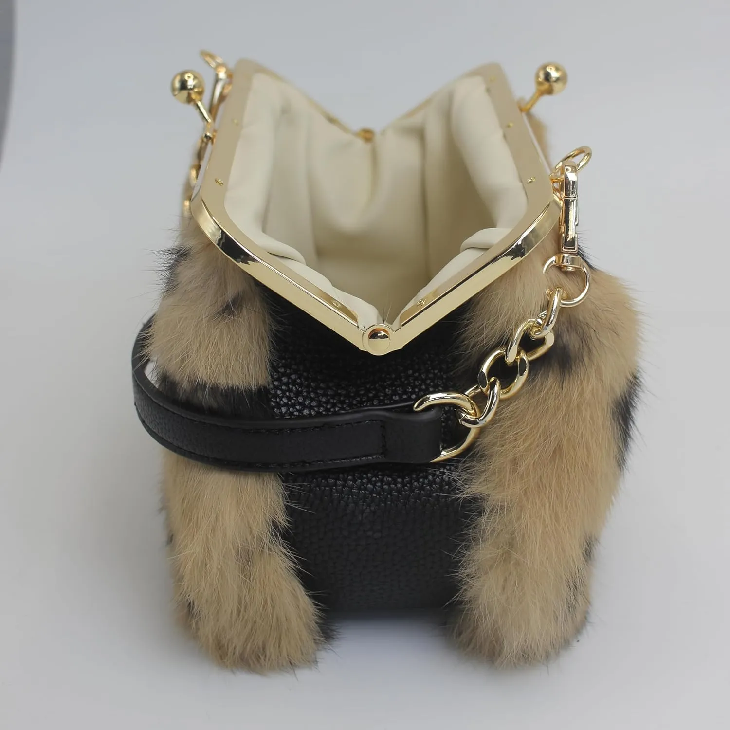 Fosrion Elegant Leopard Print Rex Rabbit Fur Handbag with Interchangeable Straps for Women, Versatile Clutch and Shoulder Bag