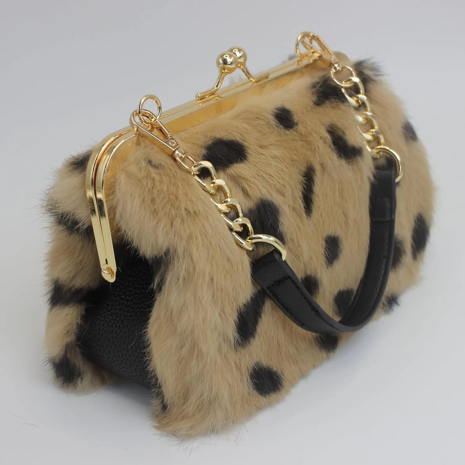 Fosrion Elegant Leopard Print Rex Rabbit Fur Handbag with Interchangeable Straps for Women, Versatile Clutch and Shoulder Bag