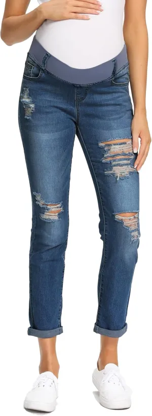 Foucome Women's Maternity Jeans Stretch Ripped Boyfriend Jeans Pregnancy Denim Pants with Pockets