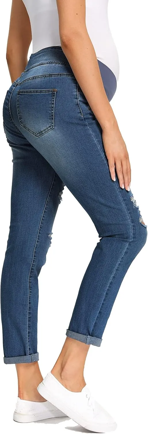 Foucome Women's Maternity Jeans Stretch Ripped Boyfriend Jeans Pregnancy Denim Pants with Pockets
