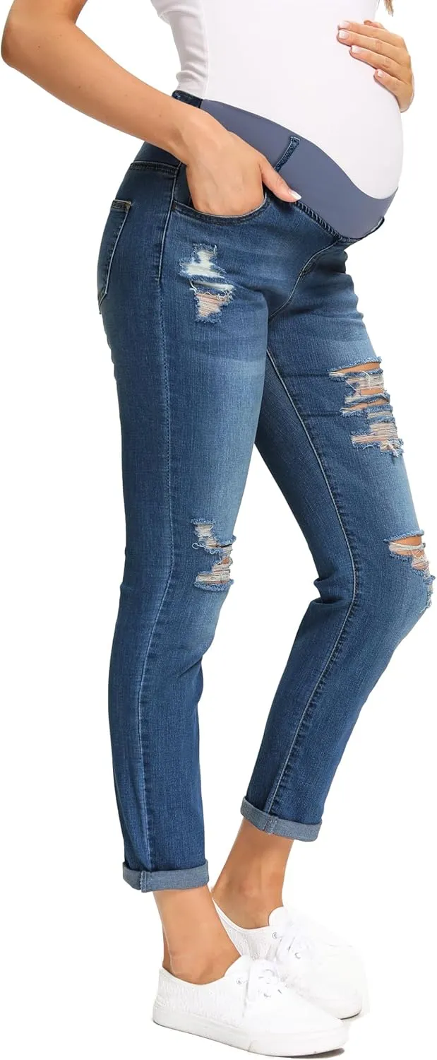Foucome Women's Maternity Jeans Stretch Ripped Boyfriend Jeans Pregnancy Denim Pants with Pockets
