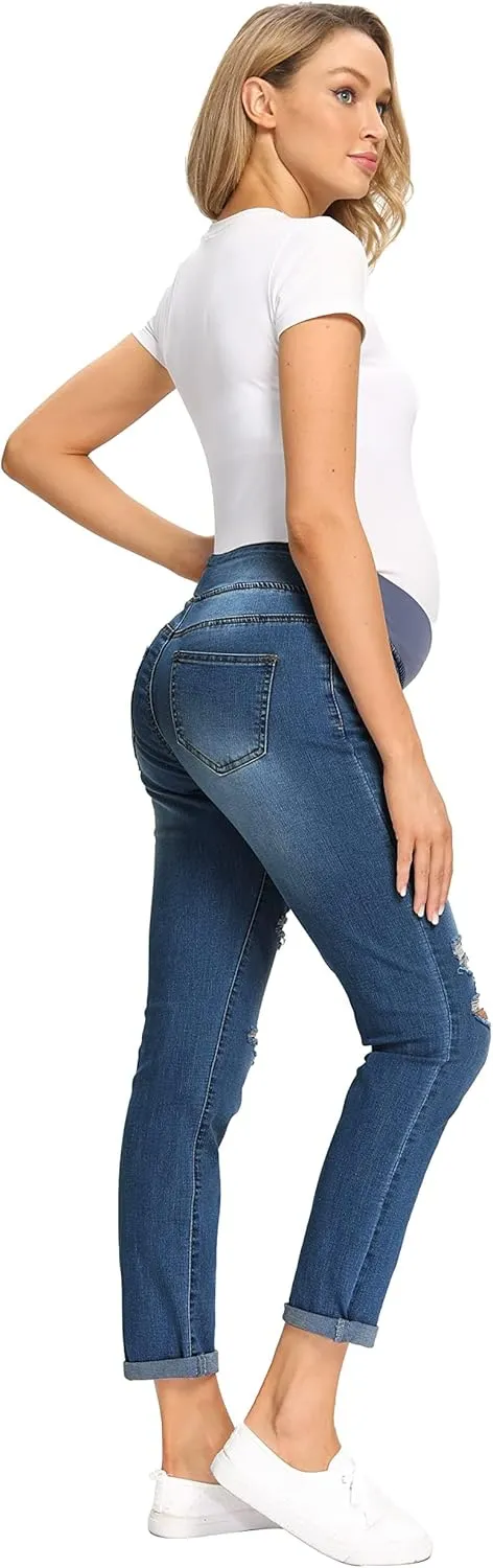Foucome Women's Maternity Jeans Stretch Ripped Boyfriend Jeans Pregnancy Denim Pants with Pockets