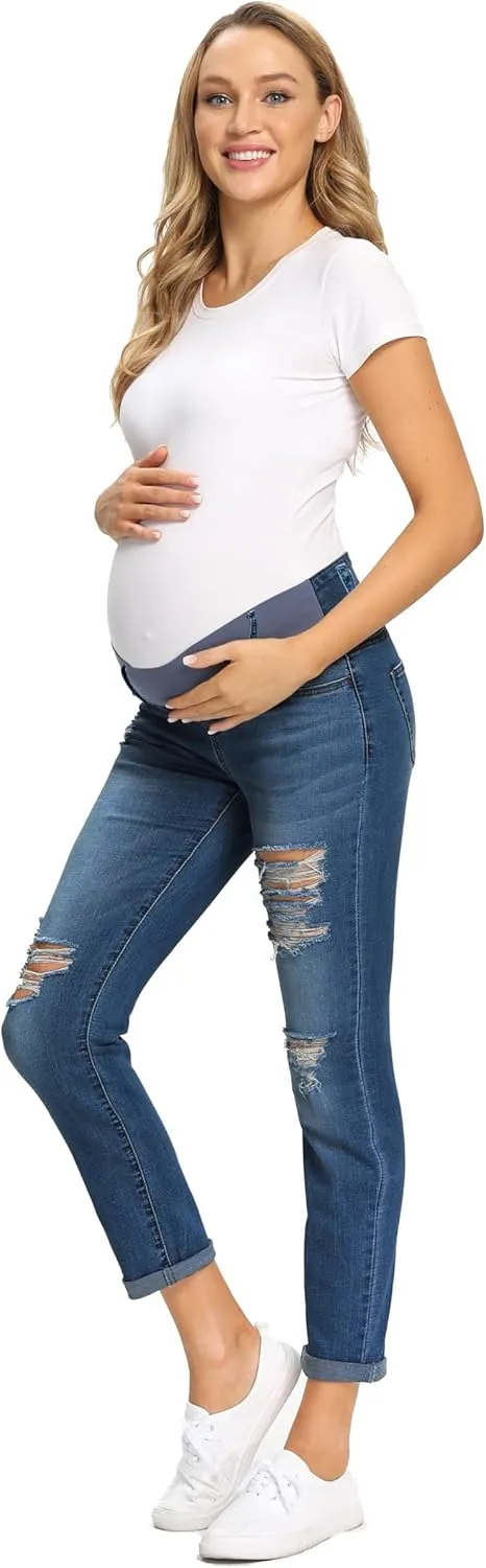 Foucome Women's Maternity Jeans Stretch Ripped Boyfriend Jeans Pregnancy Denim Pants with Pockets