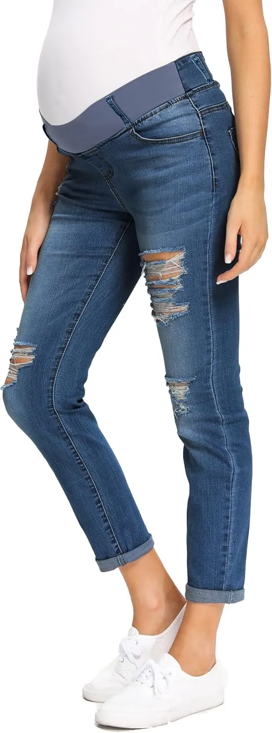 Foucome Women's Maternity Jeans Stretch Ripped Boyfriend Jeans Pregnancy Denim Pants with Pockets