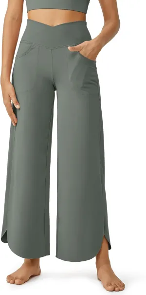 G4Free Wide Leg Pants for Women 29'' Loose Yoga Capri Pants Cross High Waist Dance Palazzo Casual Pants with Pockets
