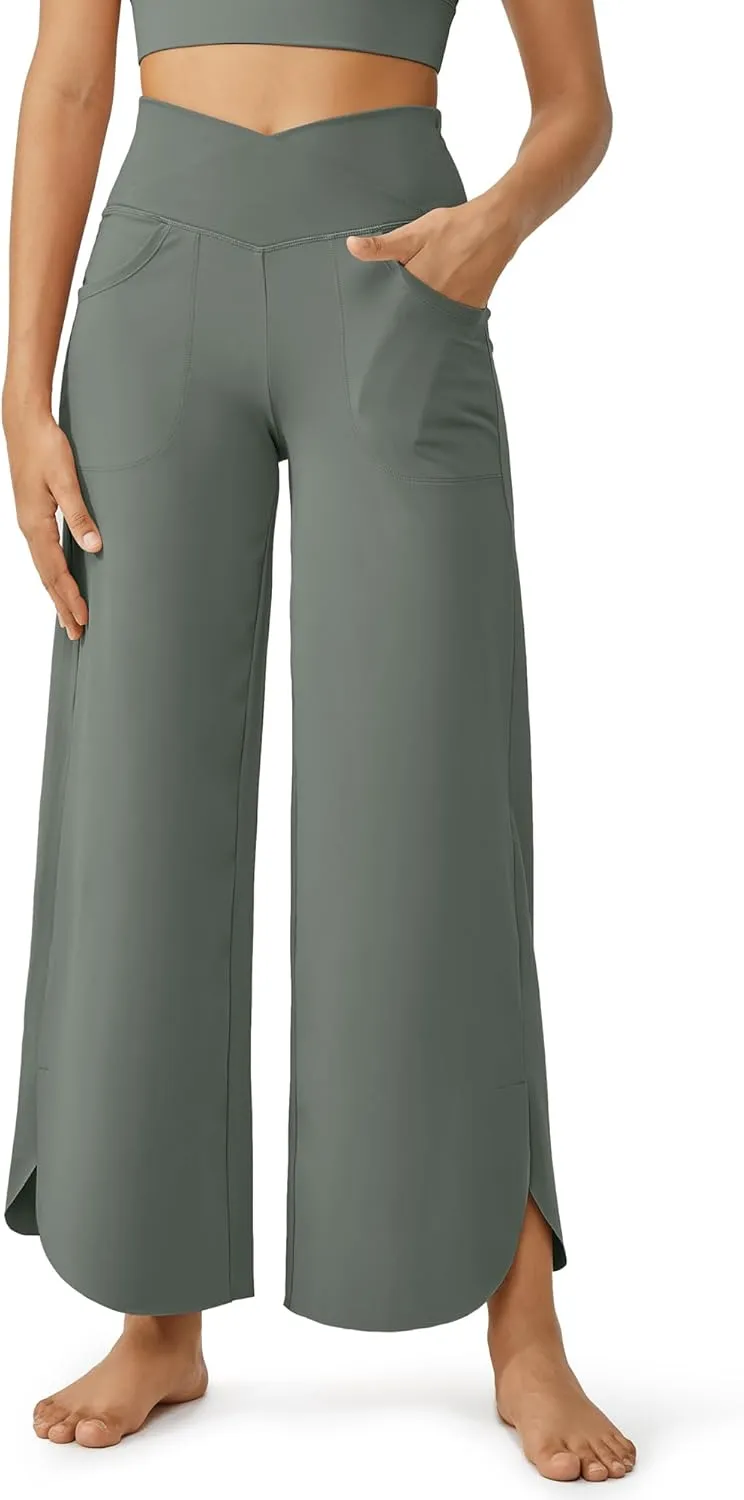 G4Free Wide Leg Pants for Women 29'' Loose Yoga Capri Pants Cross High Waist Dance Palazzo Casual Pants with Pockets