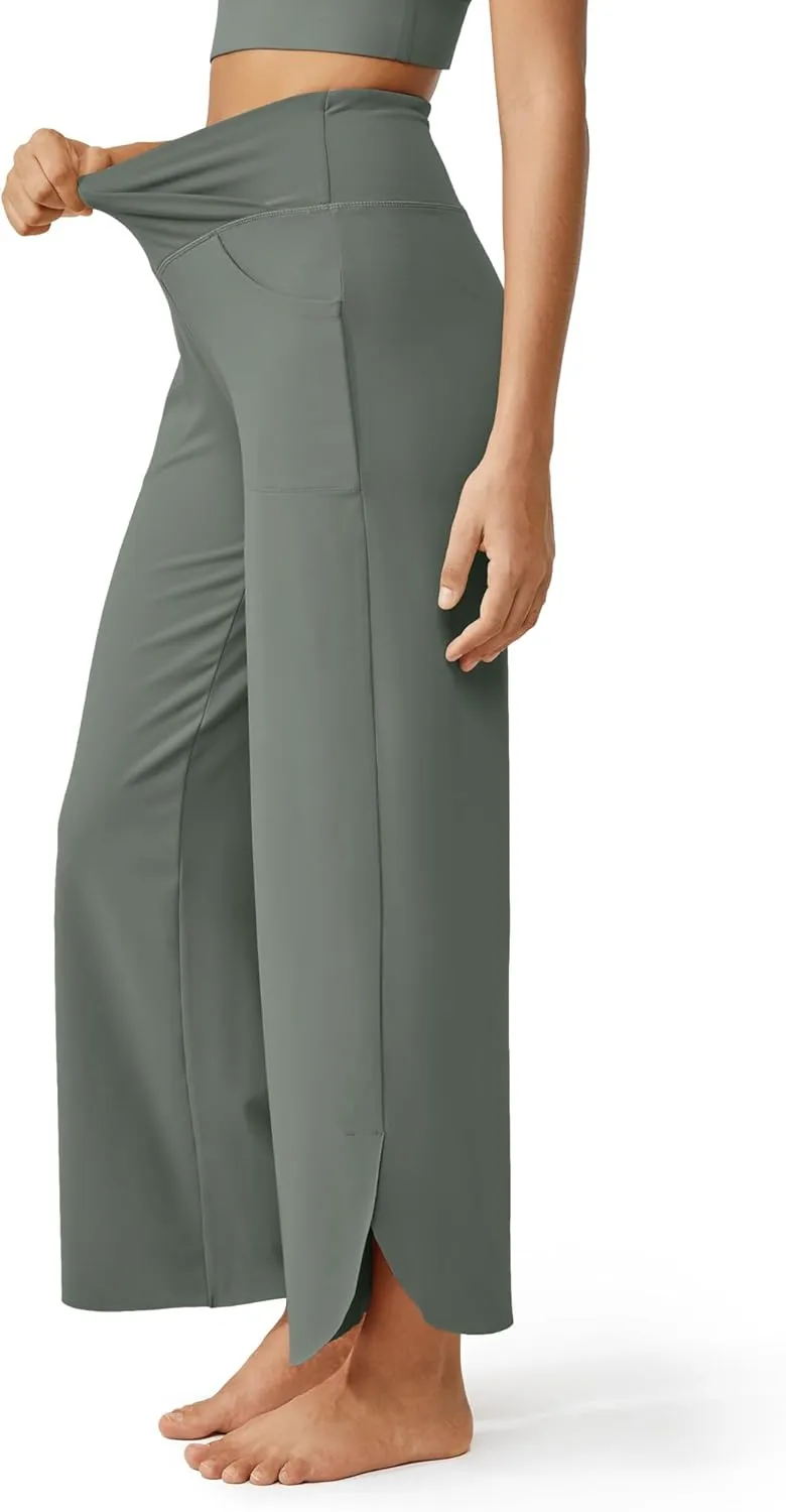 G4Free Wide Leg Pants for Women 29'' Loose Yoga Capri Pants Cross High Waist Dance Palazzo Casual Pants with Pockets