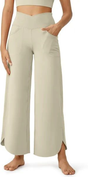 G4Free Wide Leg Pants for Women 29'' Loose Yoga Capri Pants Cross High Waist Dance Palazzo Casual Pants with Pockets