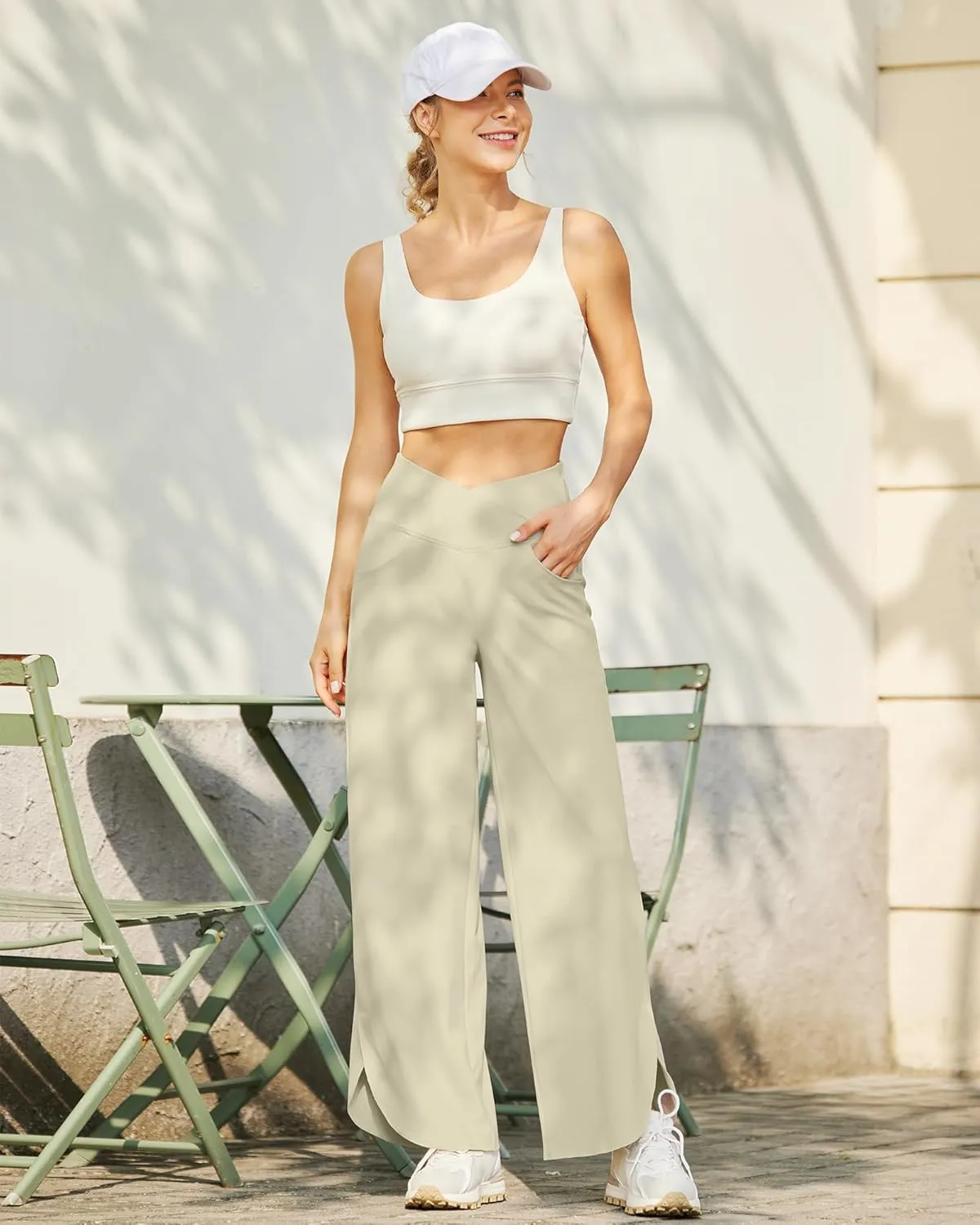 G4Free Wide Leg Pants for Women 29'' Loose Yoga Capri Pants Cross High Waist Dance Palazzo Casual Pants with Pockets