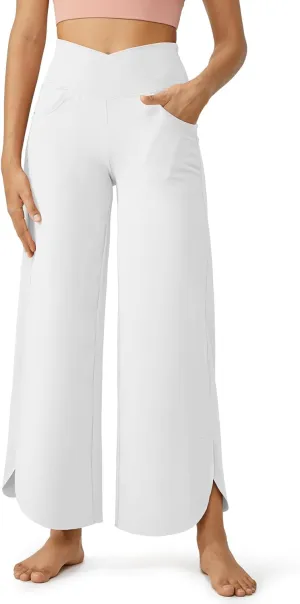 G4Free Wide Leg Pants for Women 29'' Loose Yoga Capri Pants Cross High Waist Dance Palazzo Casual Pants with Pockets