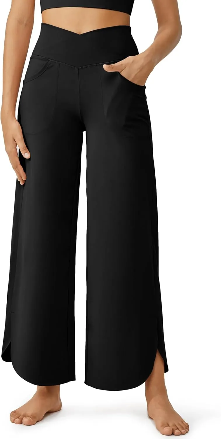 G4Free Wide Leg Pants for Women 29'' Loose Yoga Capri Pants Cross High Waist Dance Palazzo Casual Pants with Pockets
