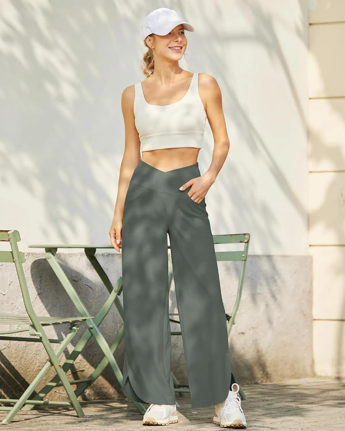G4Free Wide Leg Pants for Women 29'' Loose Yoga Capri Pants Cross High Waist Dance Palazzo Casual Pants with Pockets