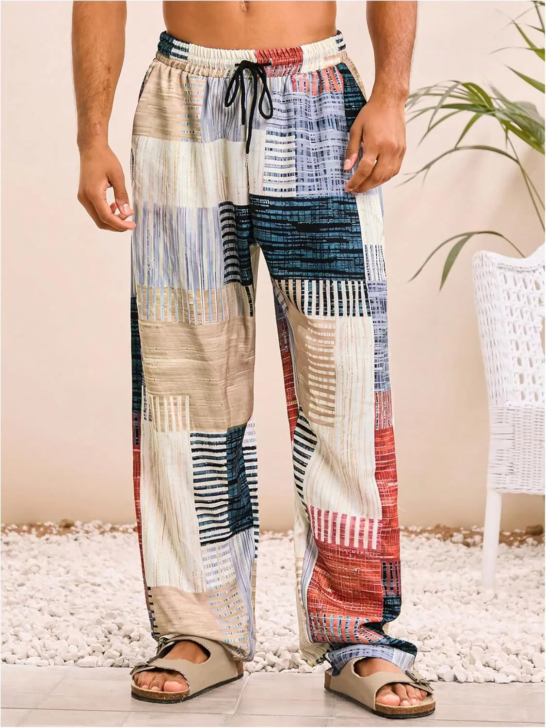 GORGLITTER Men's Patchwork Linen Pants Casual Drawstring Elastic Waist Wide Leg Summer Vacation Beach Pants
