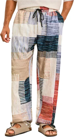 GORGLITTER Men's Patchwork Linen Pants Casual Drawstring Elastic Waist Wide Leg Summer Vacation Beach Pants