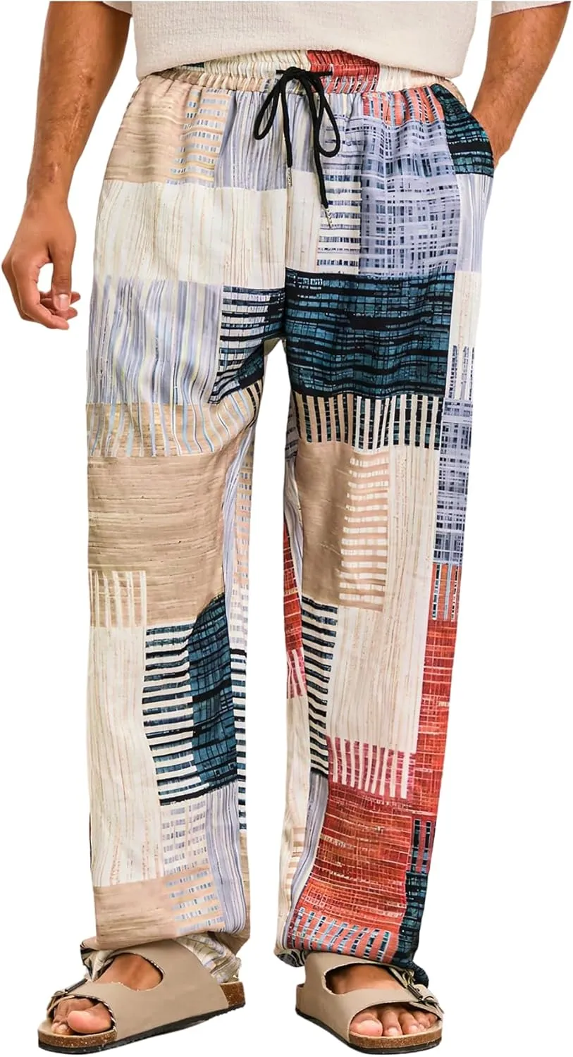 GORGLITTER Men's Patchwork Linen Pants Casual Drawstring Elastic Waist Wide Leg Summer Vacation Beach Pants