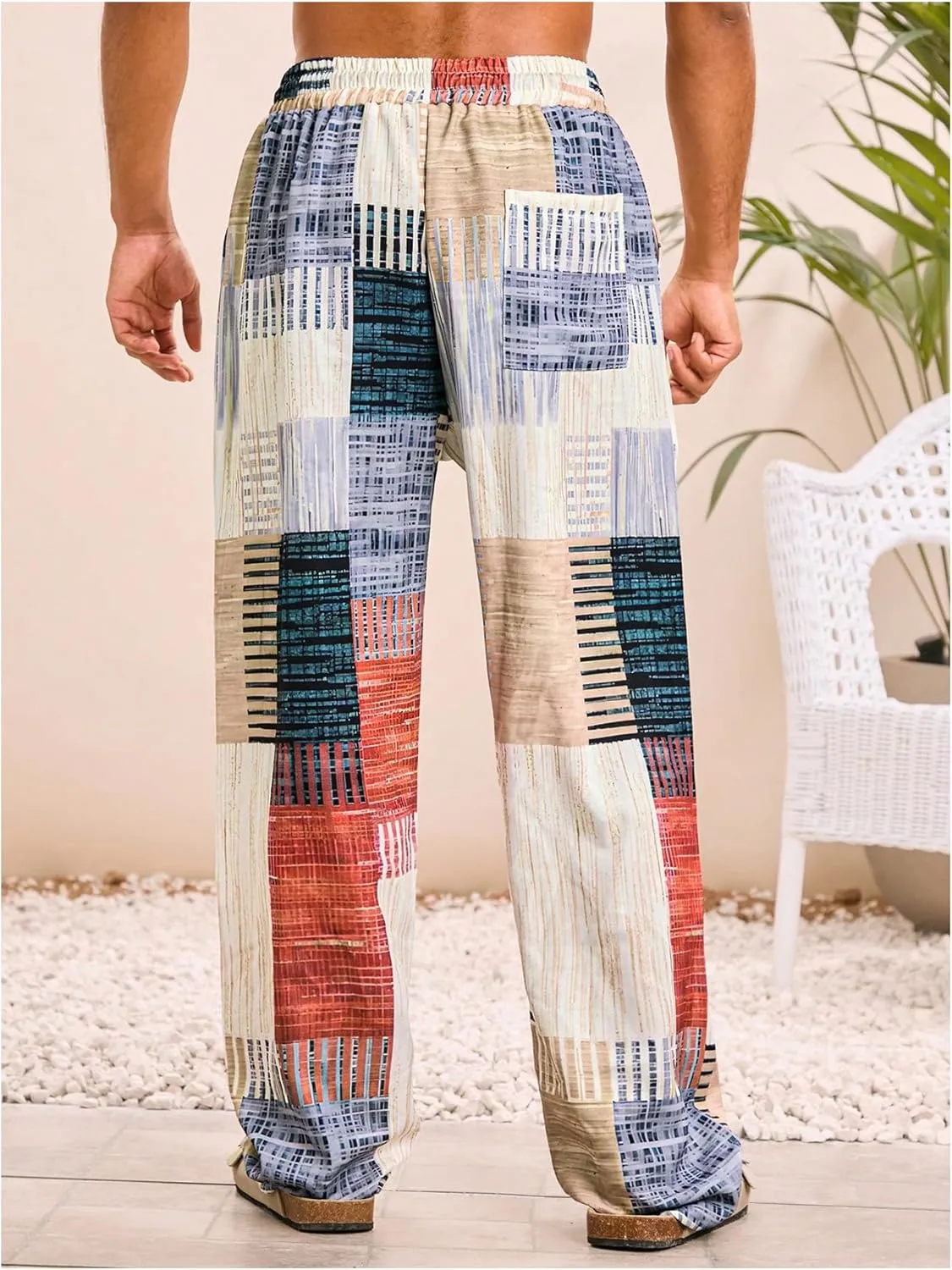 GORGLITTER Men's Patchwork Linen Pants Casual Drawstring Elastic Waist Wide Leg Summer Vacation Beach Pants