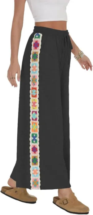 Haellun Womens Casual Comfy Pants High Waist Boho Wide Leg Cropped Palazzo Crochet Beach Pants with Pockets