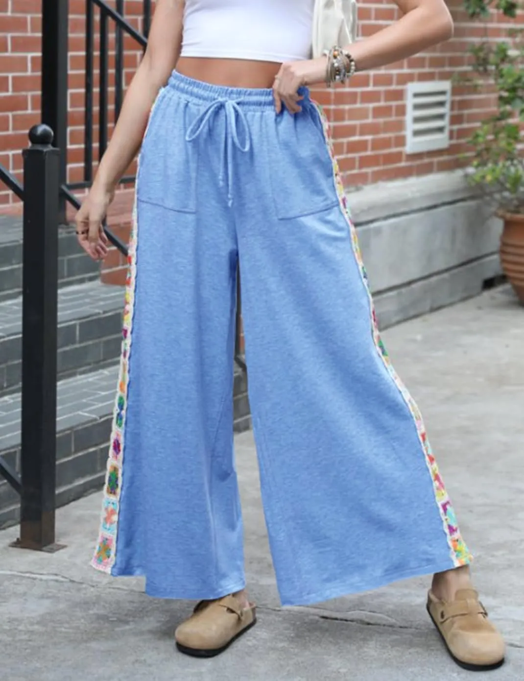 Haellun Womens Casual Comfy Pants High Waist Boho Wide Leg Cropped Palazzo Crochet Beach Pants with Pockets