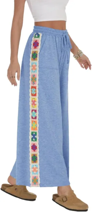 Haellun Womens Casual Comfy Pants High Waist Boho Wide Leg Cropped Palazzo Crochet Beach Pants with Pockets